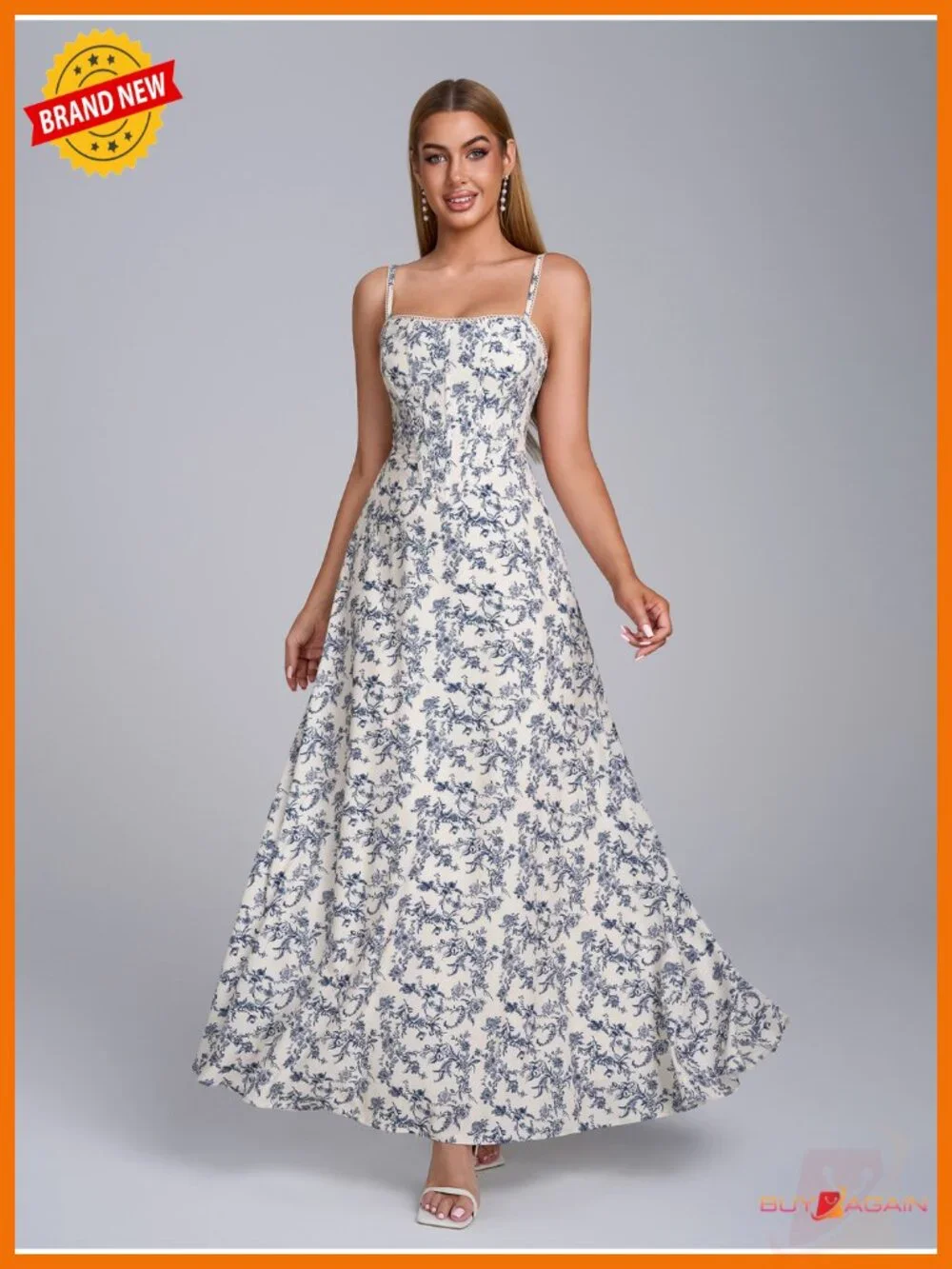 Corset Spaghetti Strap Floral Maxi Dress Square Neck Backless Formal
